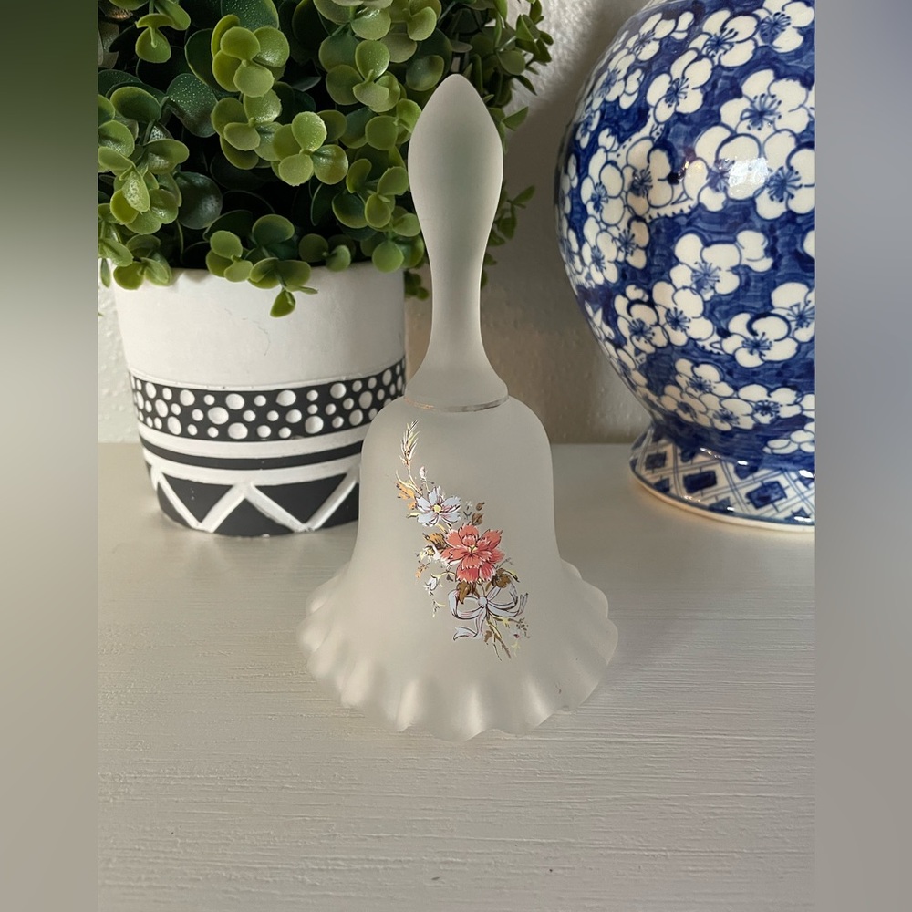 Vintage Viking Glass Bell Frosted Ruffled Hand Painted Blue Flowers w Orig Label